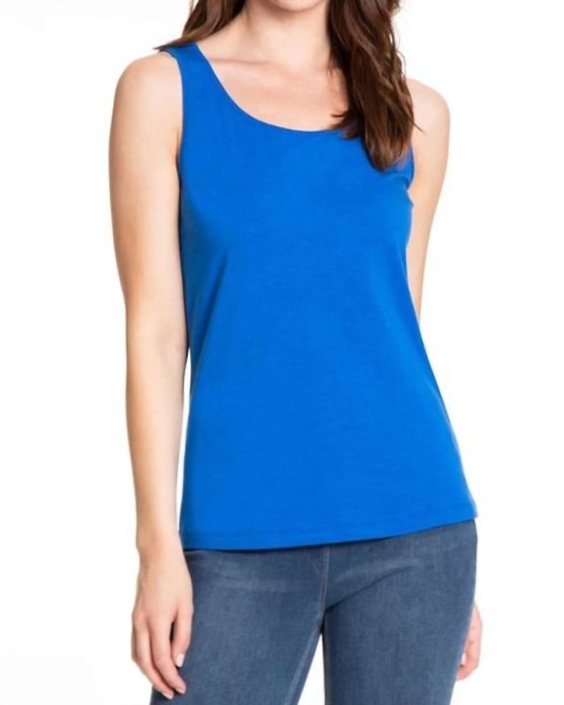 Front of a model wearing a size 2X Double Scoop Neck Tank in Royal Blue in Royal Blue by Multiples. | dia_product_style_image_id:333791